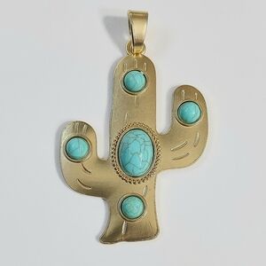Large Gold Cactus Necklace Pendant with Turquoise Stones - Women Jewelry
